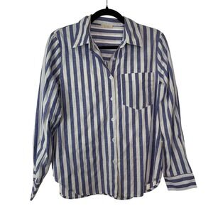 La Miel Blue White Striped Button Down Shirt Long Sleeve Pocket Small